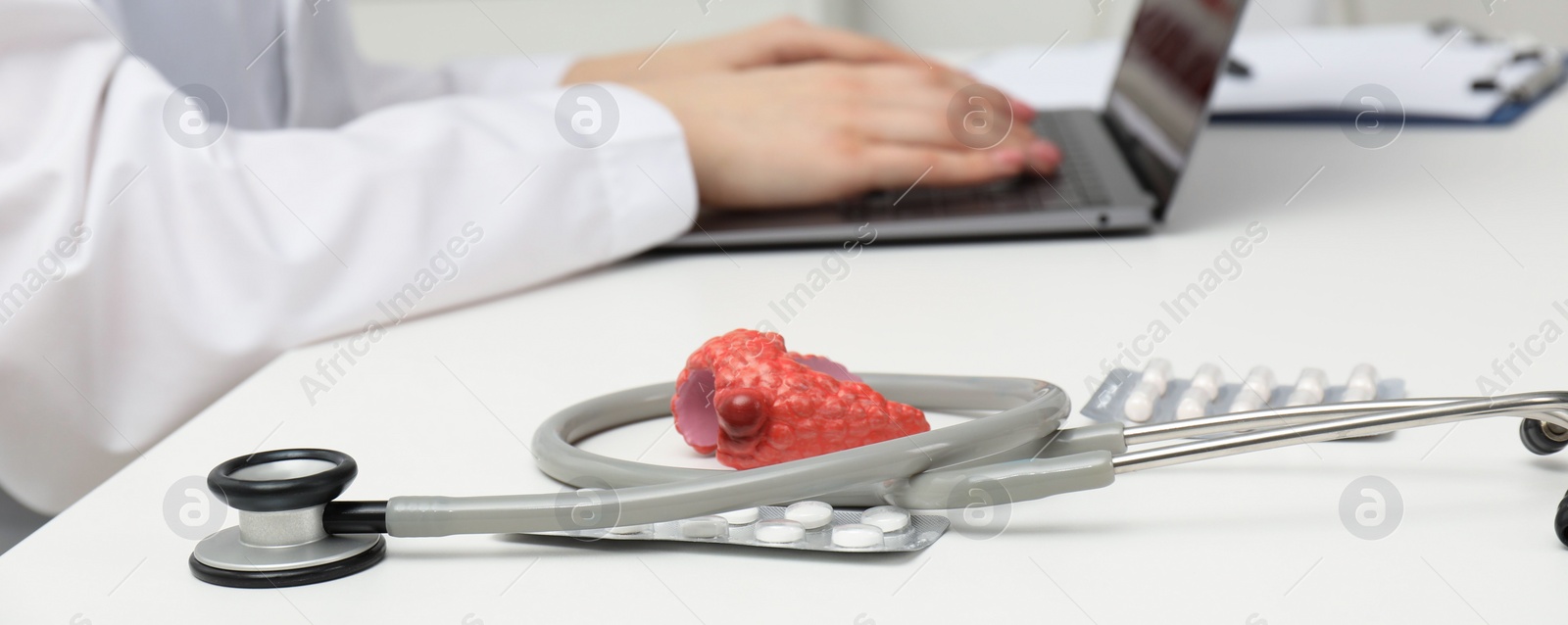 Photo of Endocrinologist working at table, focus on stethoscope and model of thyroid gland. Banner design