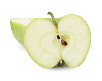 Photo of Halves of ripe green apple on white background