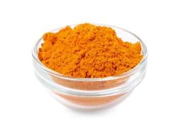 Aromatic saffron powder in bowl on white background