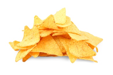 Photo of Tasty Mexican nachos chips on white background