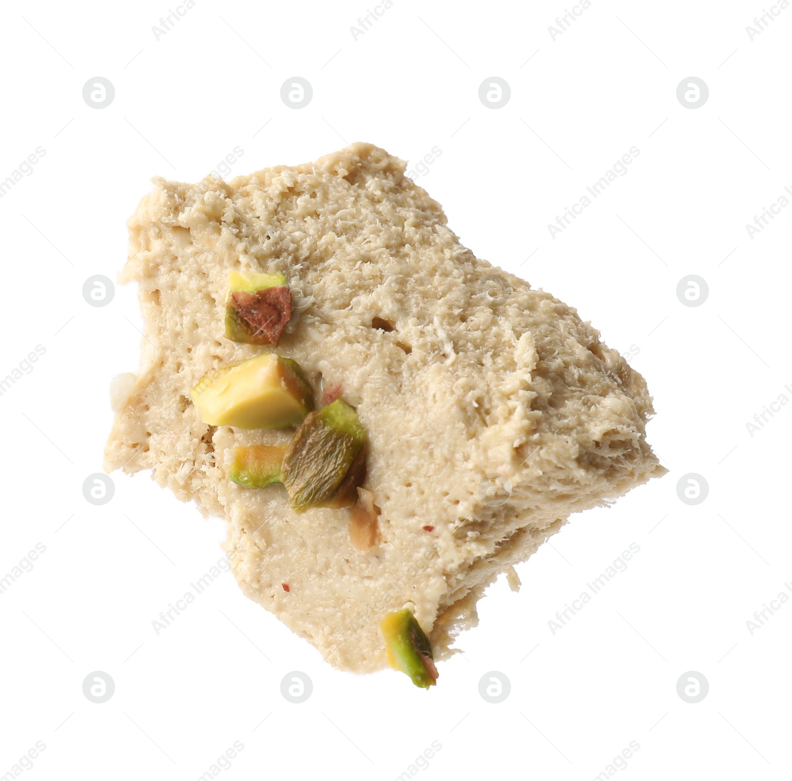 Photo of Piece of tasty pistachio halva isolated on white