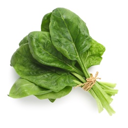 Photo of Bundle of fresh spinach isolated on white, top view