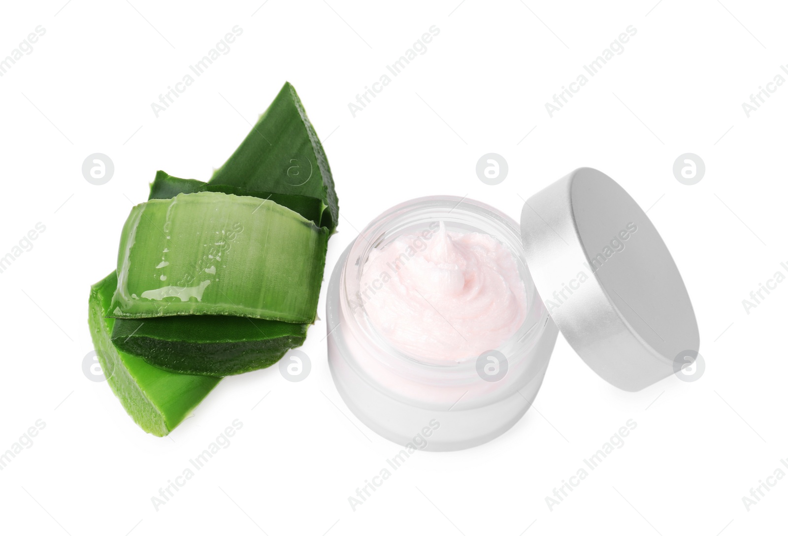 Photo of Jar of natural cream and fresh aloe isolated on white, above view