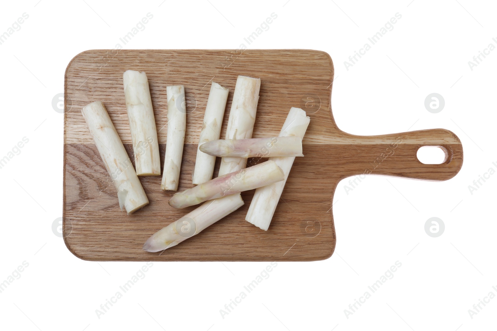 Photo of Fresh ripe asparagus isolated on white, top view