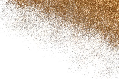 Photo of Shiny golden glitter on white background, top view