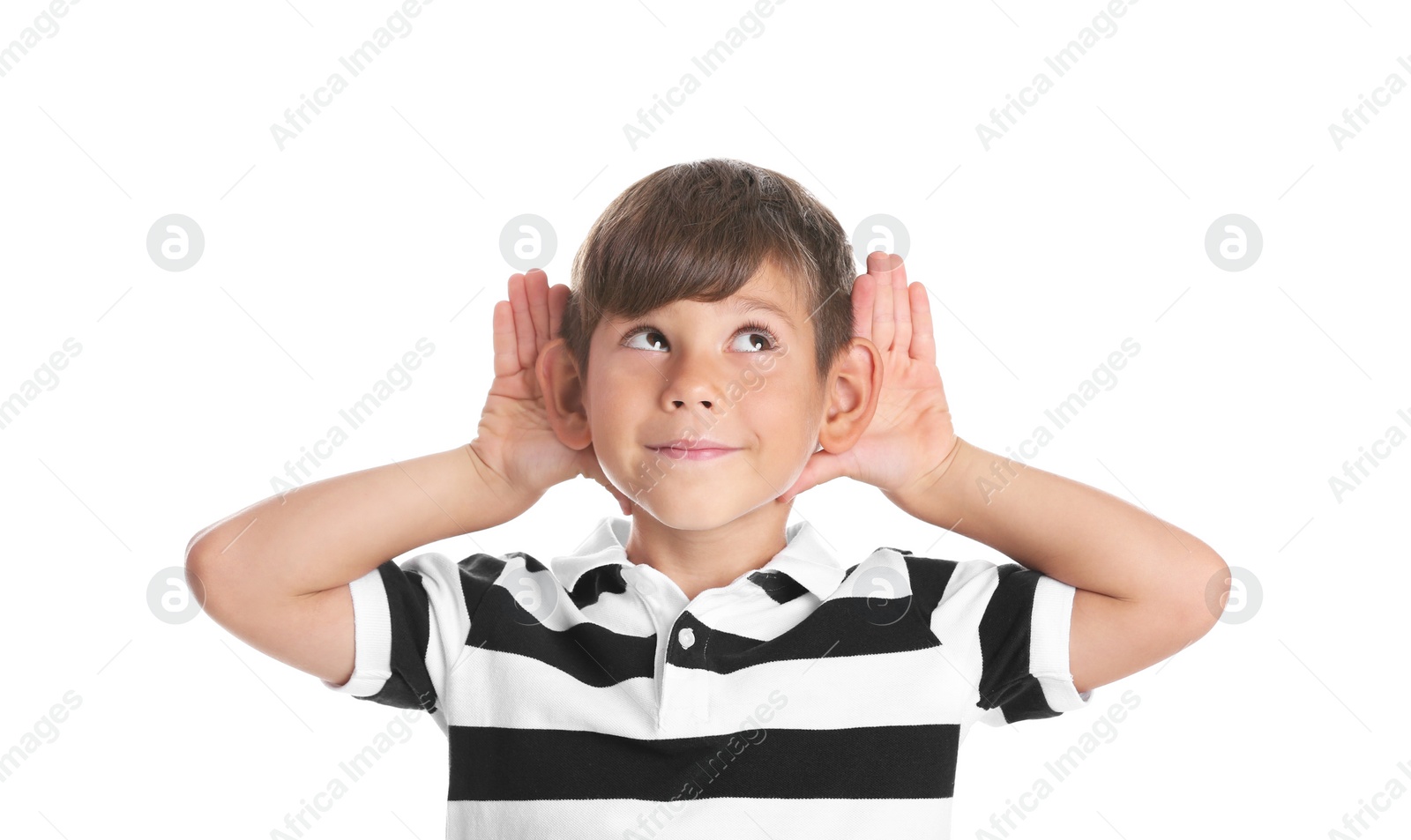 Photo of Cute little boy with hearing problem on white background