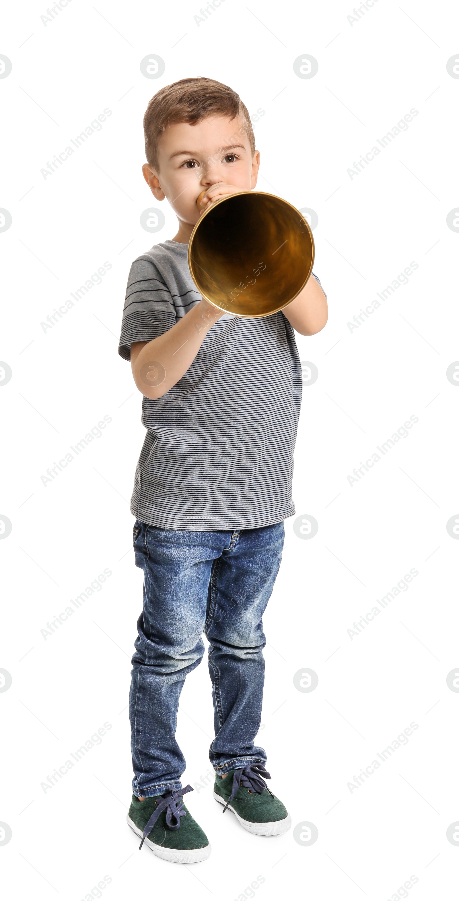 Photo of Adorable little boy with vintage megaphone on white background
