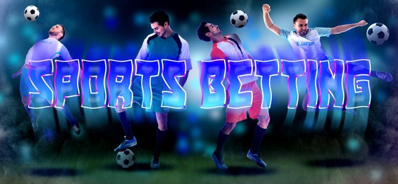 Image of Bookmaking, sports betting. Football players with soccer balls on green grass, banner design