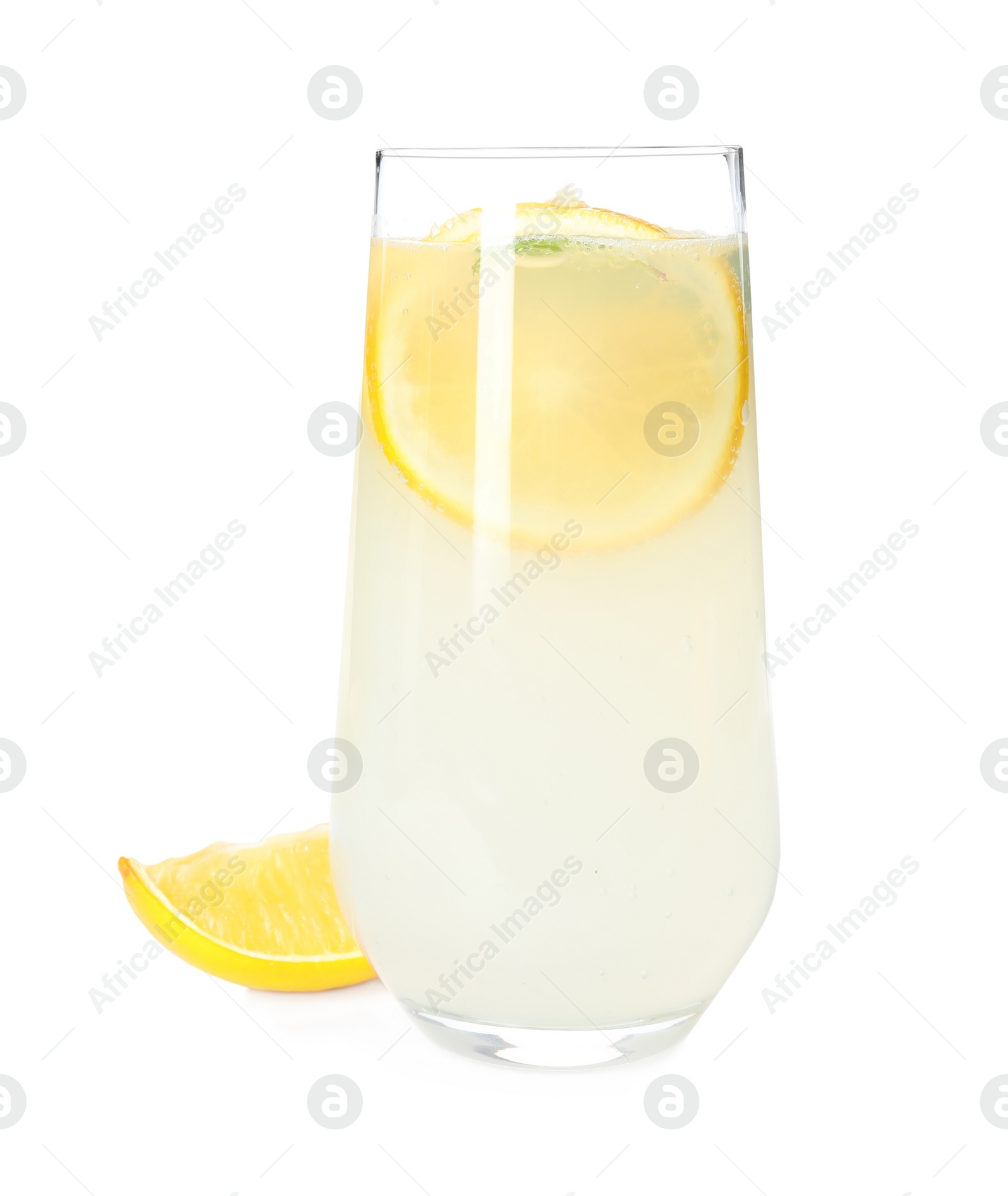 Photo of Cool freshly made lemonade in glass isolated on white