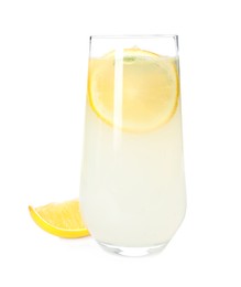 Photo of Cool freshly made lemonade in glass isolated on white