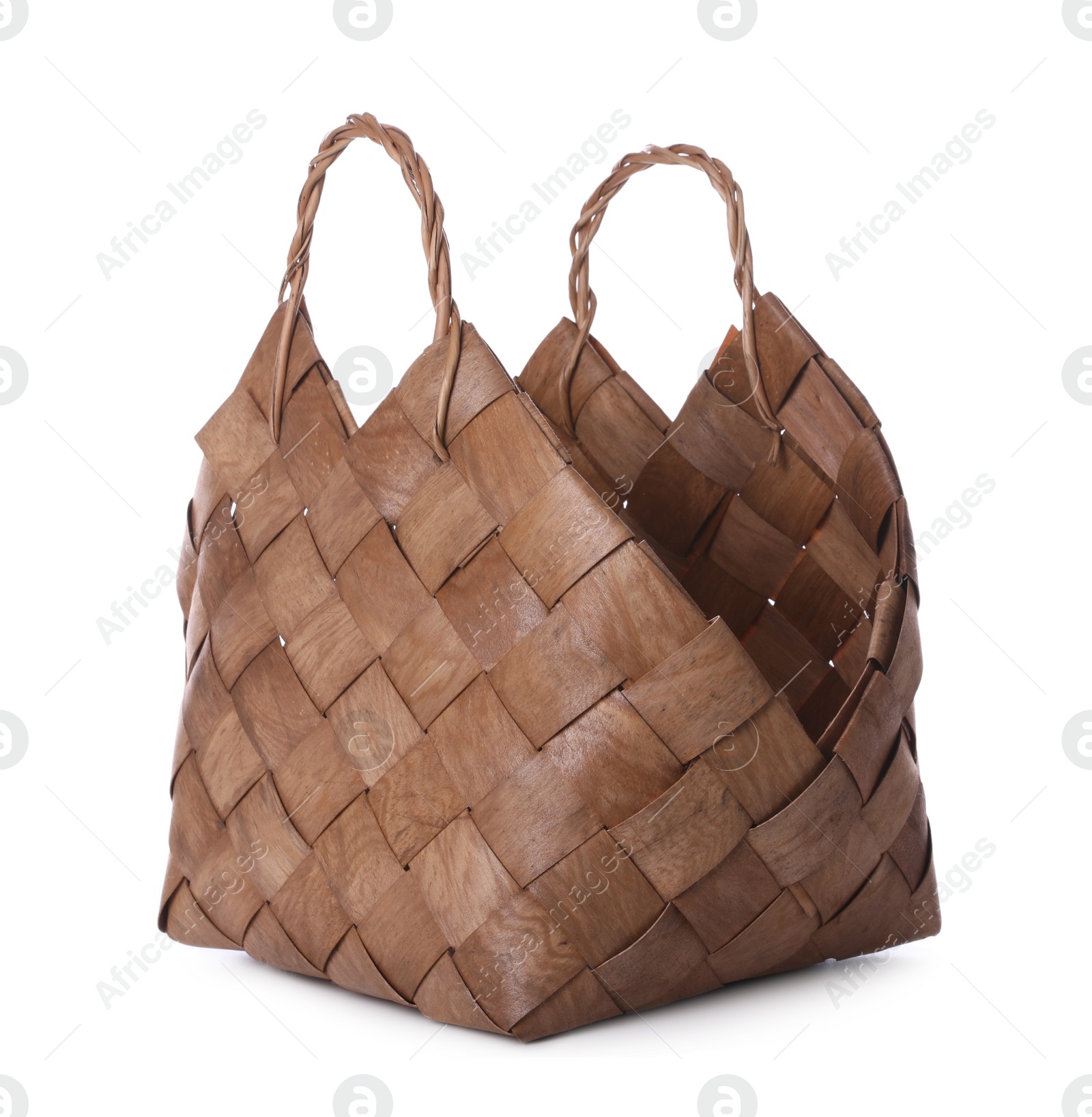 Photo of Stylish brown wicker basket isolated on white