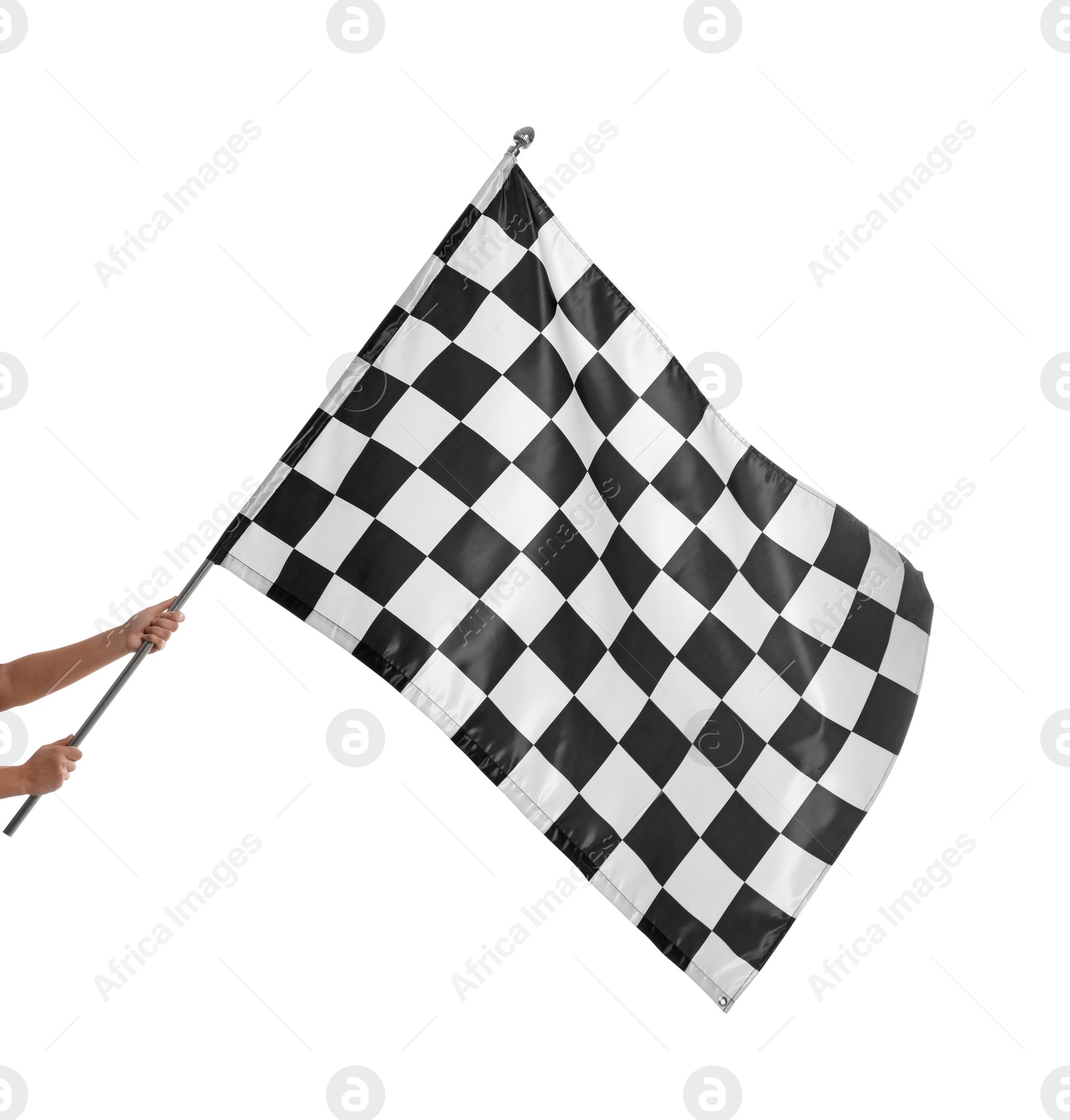 Photo of One checkered finish flag isolated on white