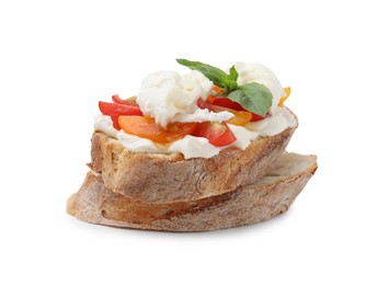Delicious sandwich with burrata cheese and tomatoes isolated on white