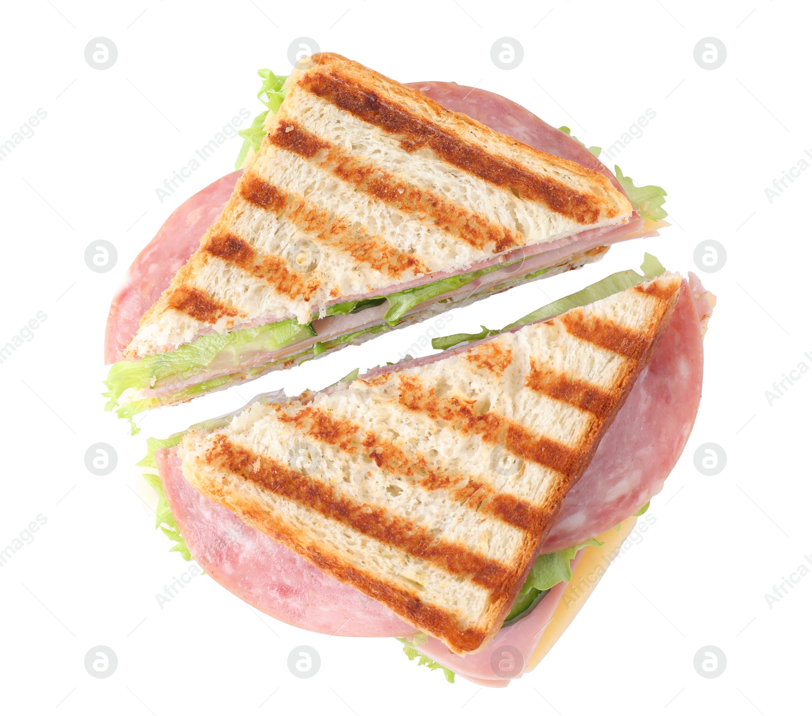 Photo of Tasty sandwich with ham on white background, top view