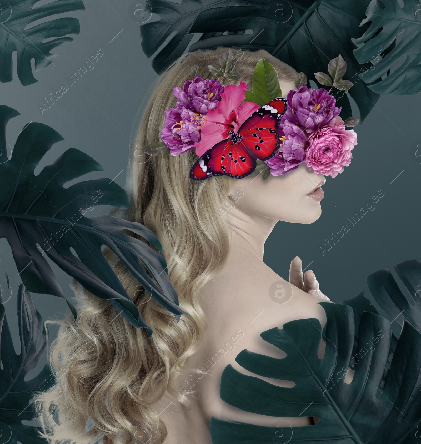 Image of Young woman with beautiful flowers and butterfly surrounded by monstera leaves on grey background. Stylish collage design