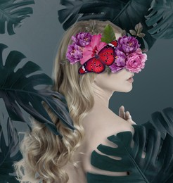 Young woman with beautiful flowers and butterfly surrounded by monstera leaves on grey background. Stylish collage design