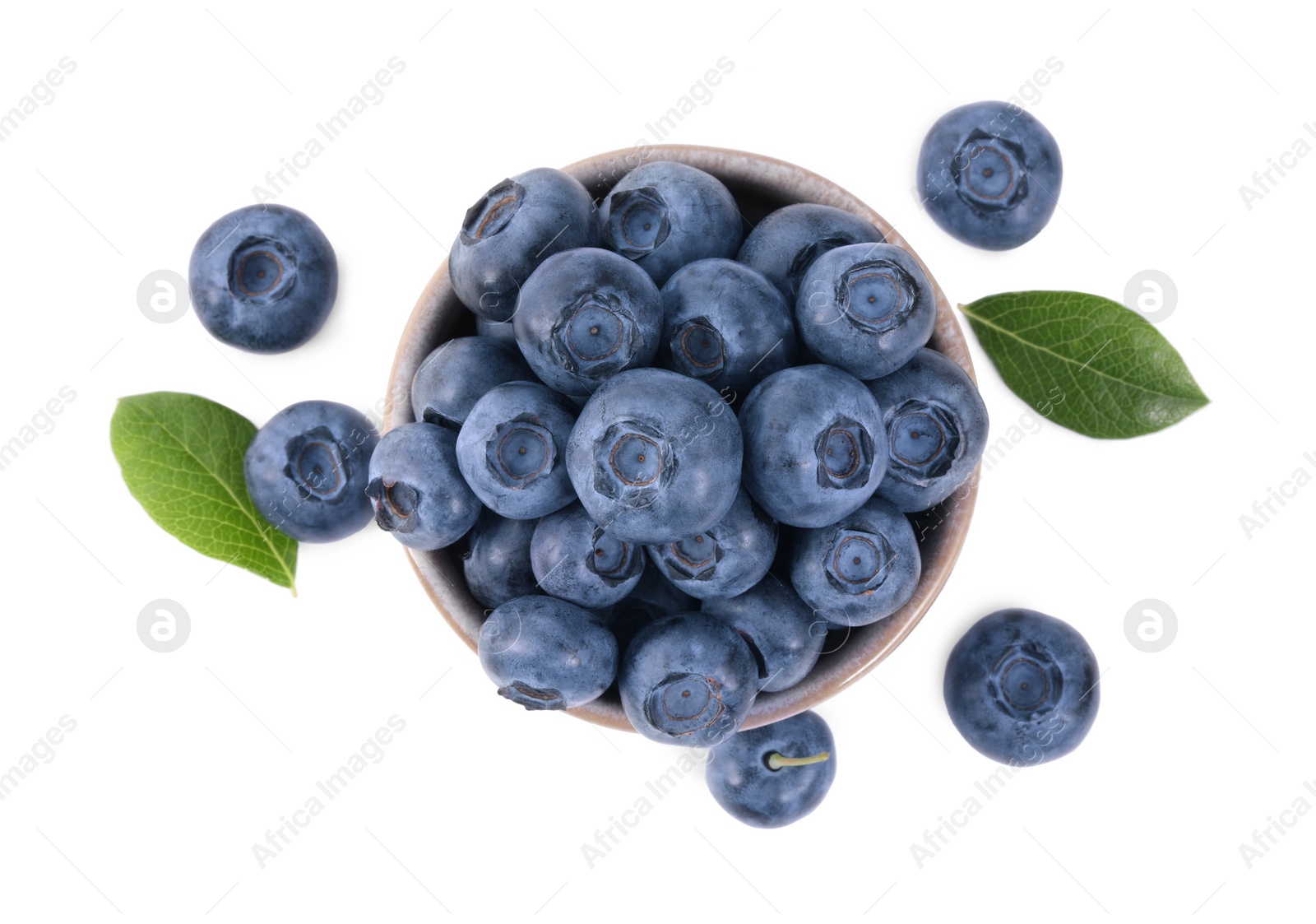 Photo of Fresh ripe blueberries and leaves isolated on white, top view