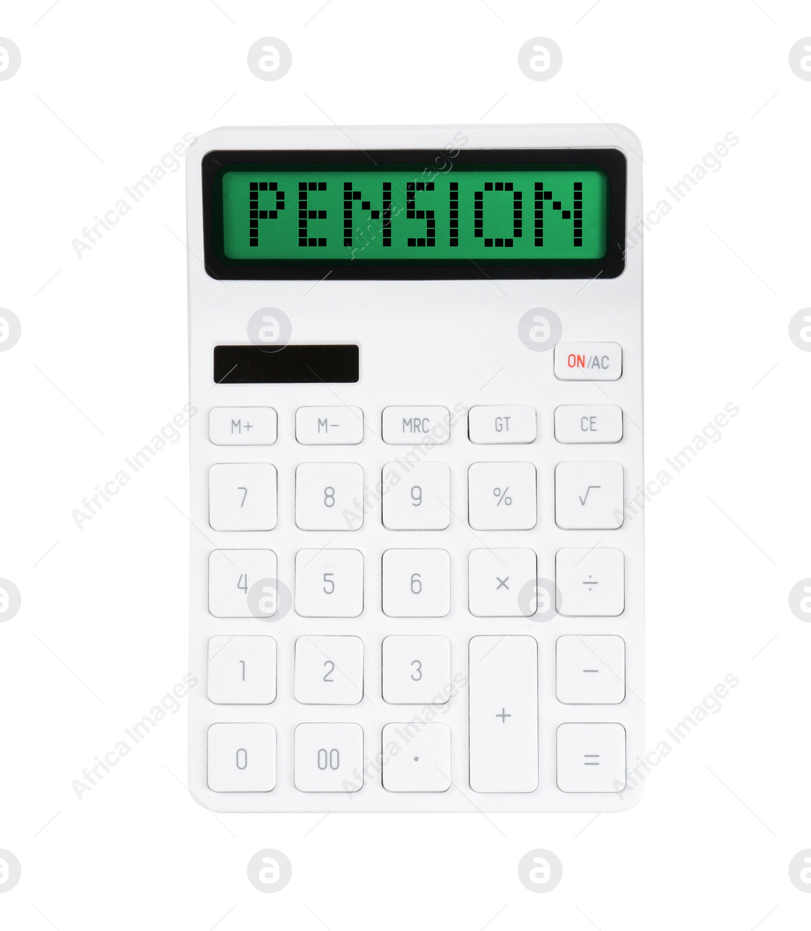 Image of Calculator with word Pension on white background, top view