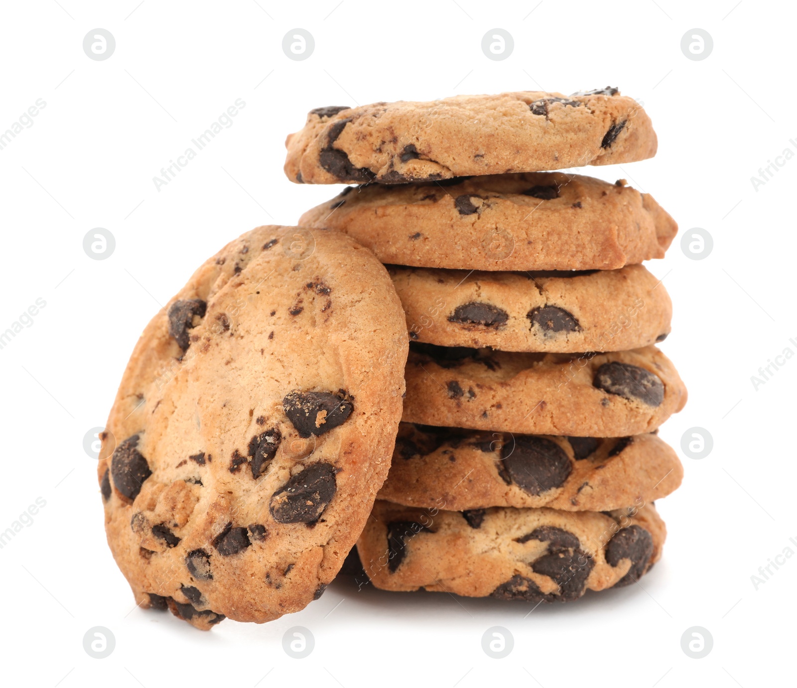 Photo of Stack of tasty chocolate cookies on white background