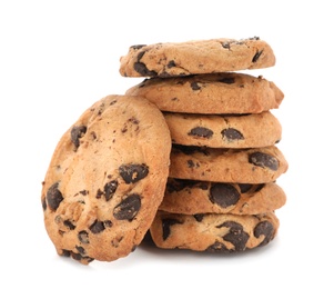 Stack of tasty chocolate cookies on white background