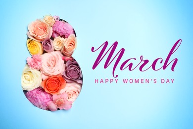 Image of 8 March - Happy International Women's Day. Greeting card design with different flowers, top view