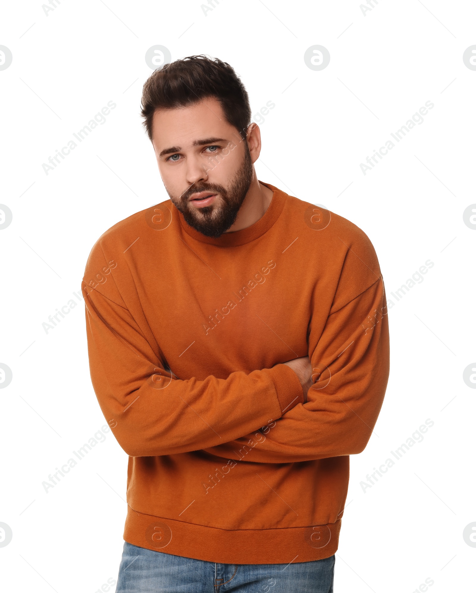 Photo of Young man suffering from stomach pain on white background