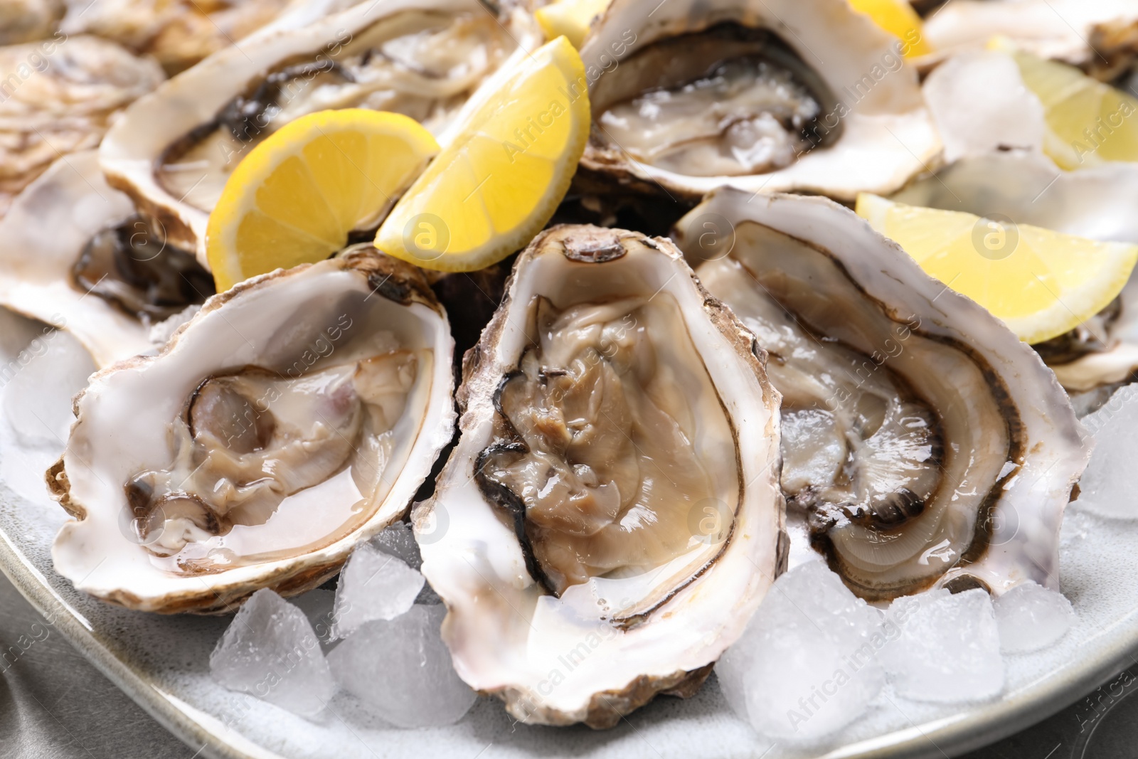 Photo of Fresh oysters with lemon and ice on plate, closeup