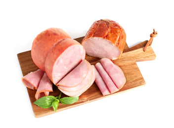 Tasty ham with basil on wooden board, white background