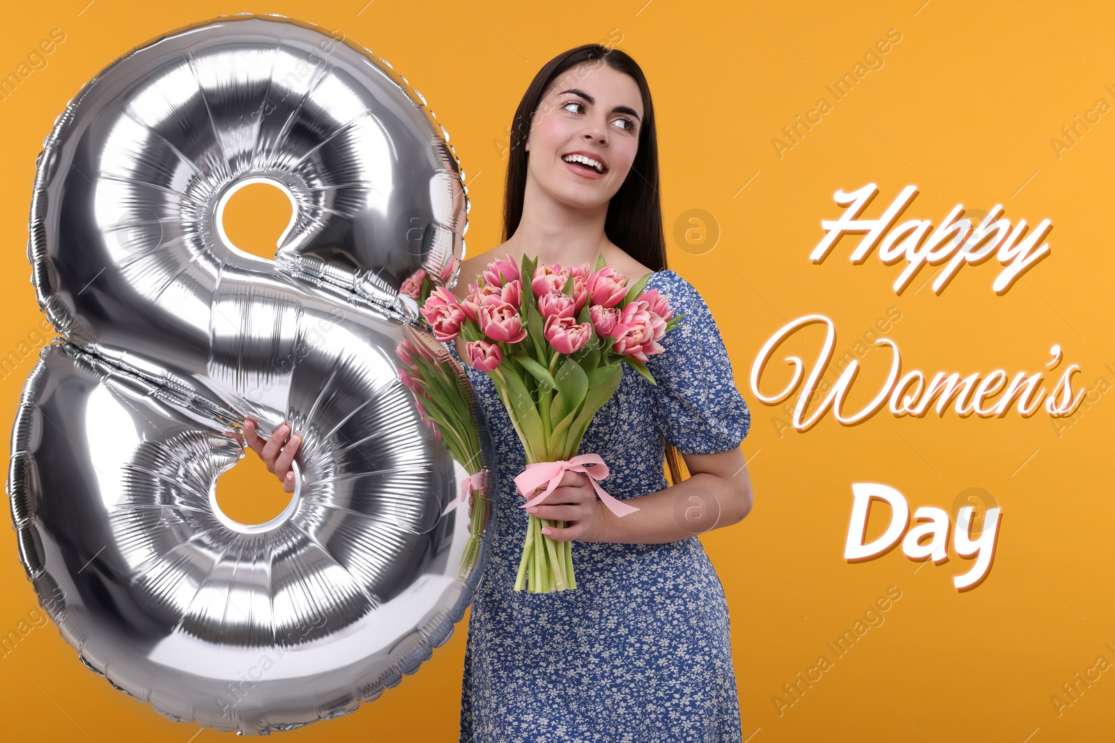 Image of Happy Women's Day - March 8. Attractive lady holding flowers and foil balloon in shape of number 8 on orange background