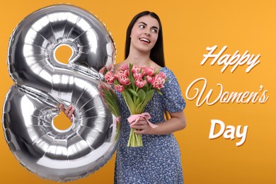 Image of Happy Women's Day - March 8. Attractive lady holding flowers and foil balloon in shape of number 8 on orange background
