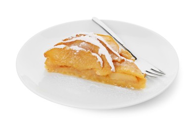 Photo of Plate with piece of tasty homemade quince pie, powdered sugar and fork isolated on white