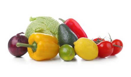 Photo of Heap of fresh ripe vegetables and fruits on white background