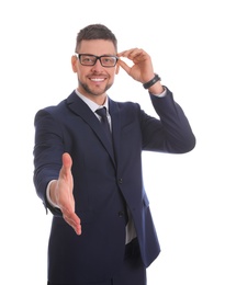 Photo of Businessman reaching out for handshake on white background