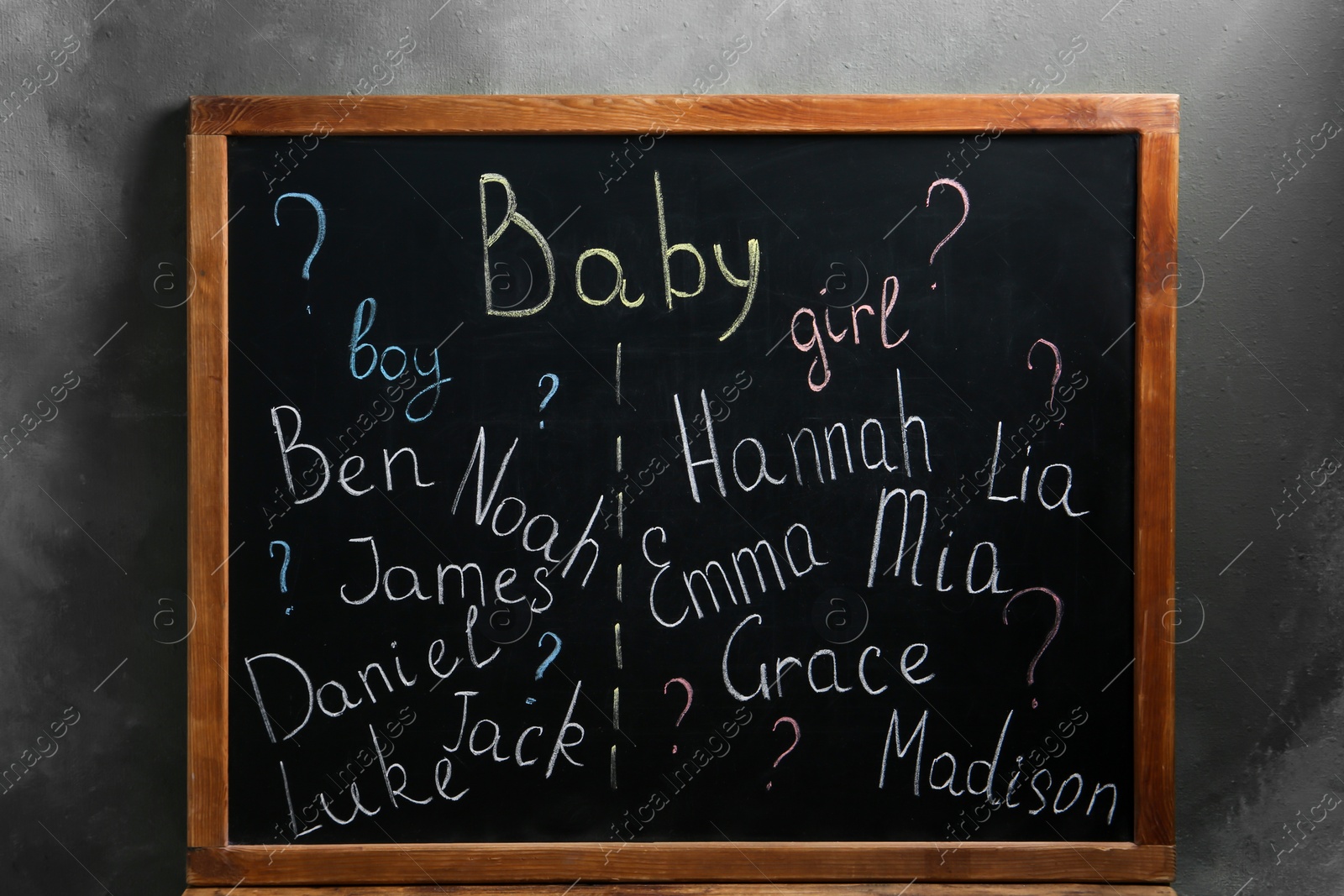 Photo of Blackboard with baby names near dark wall