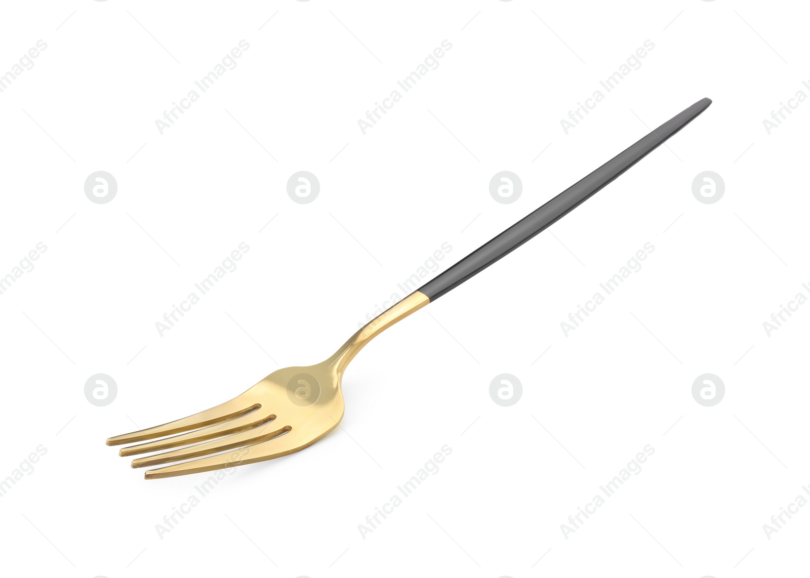 Photo of One shiny golden fork with black handle isolated on white