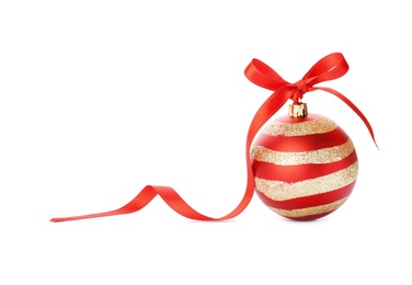 Beautiful Christmas ball with ribbon on white background