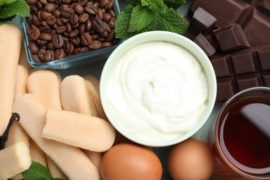 Set of ingredients for tiramisu as background, top view