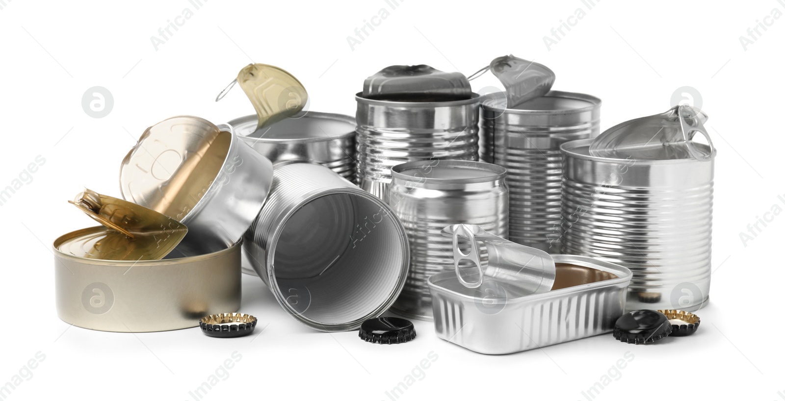 Photo of Many open tin cans isolated on white