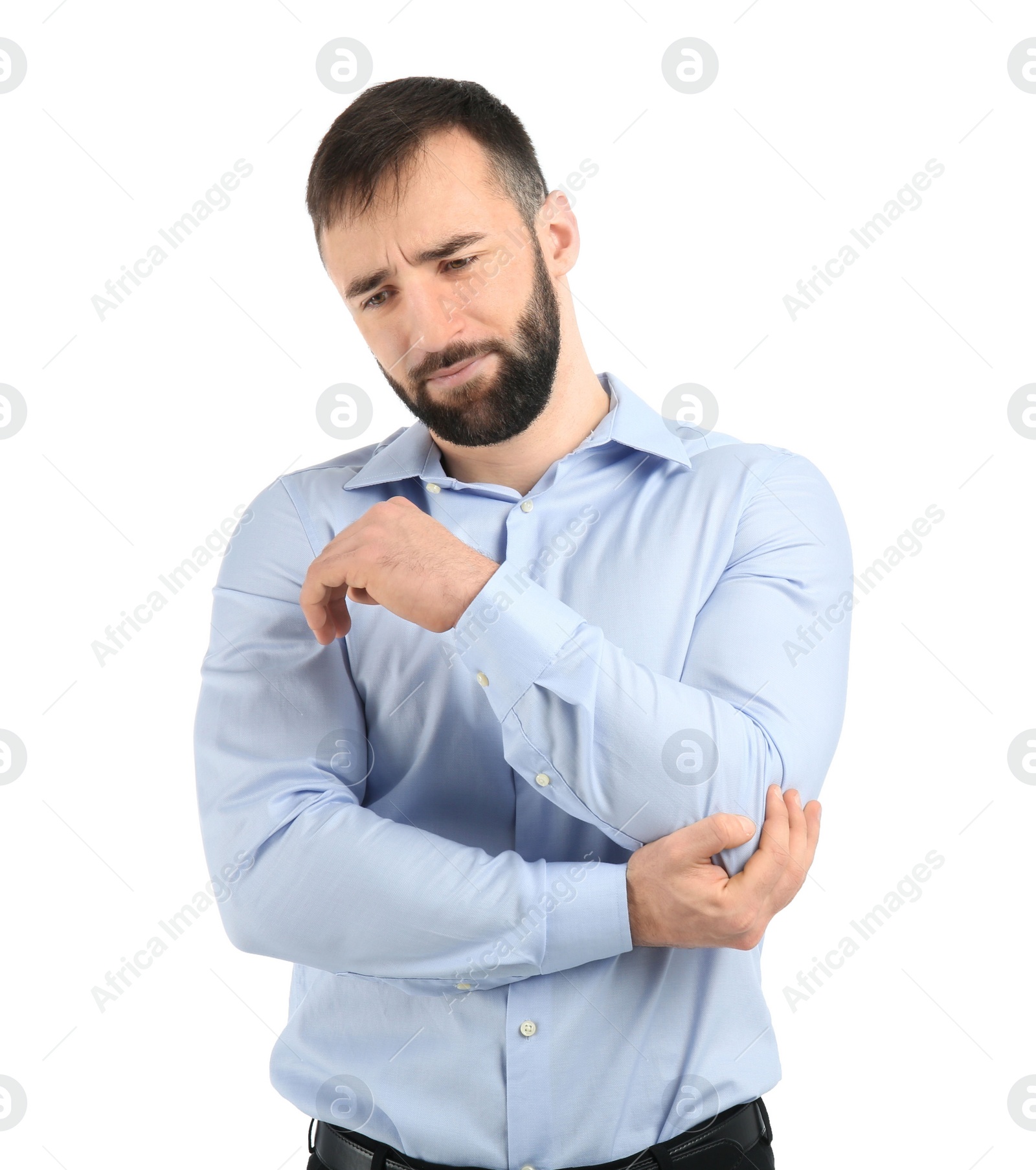 Photo of Young man suffering from pain in elbow on white background