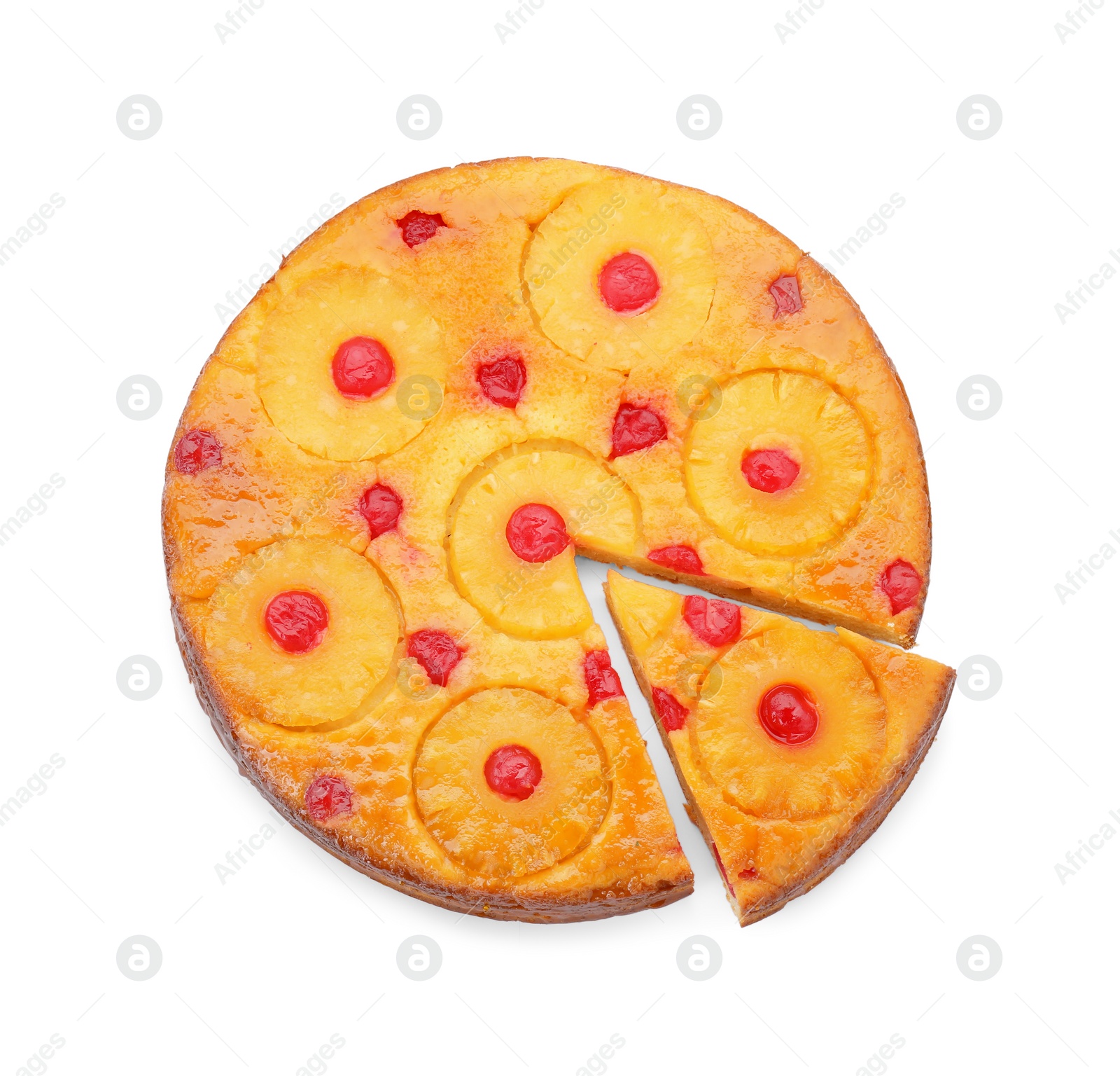 Photo of Delicious cut pineapple pie with cherry isolated on white, top view