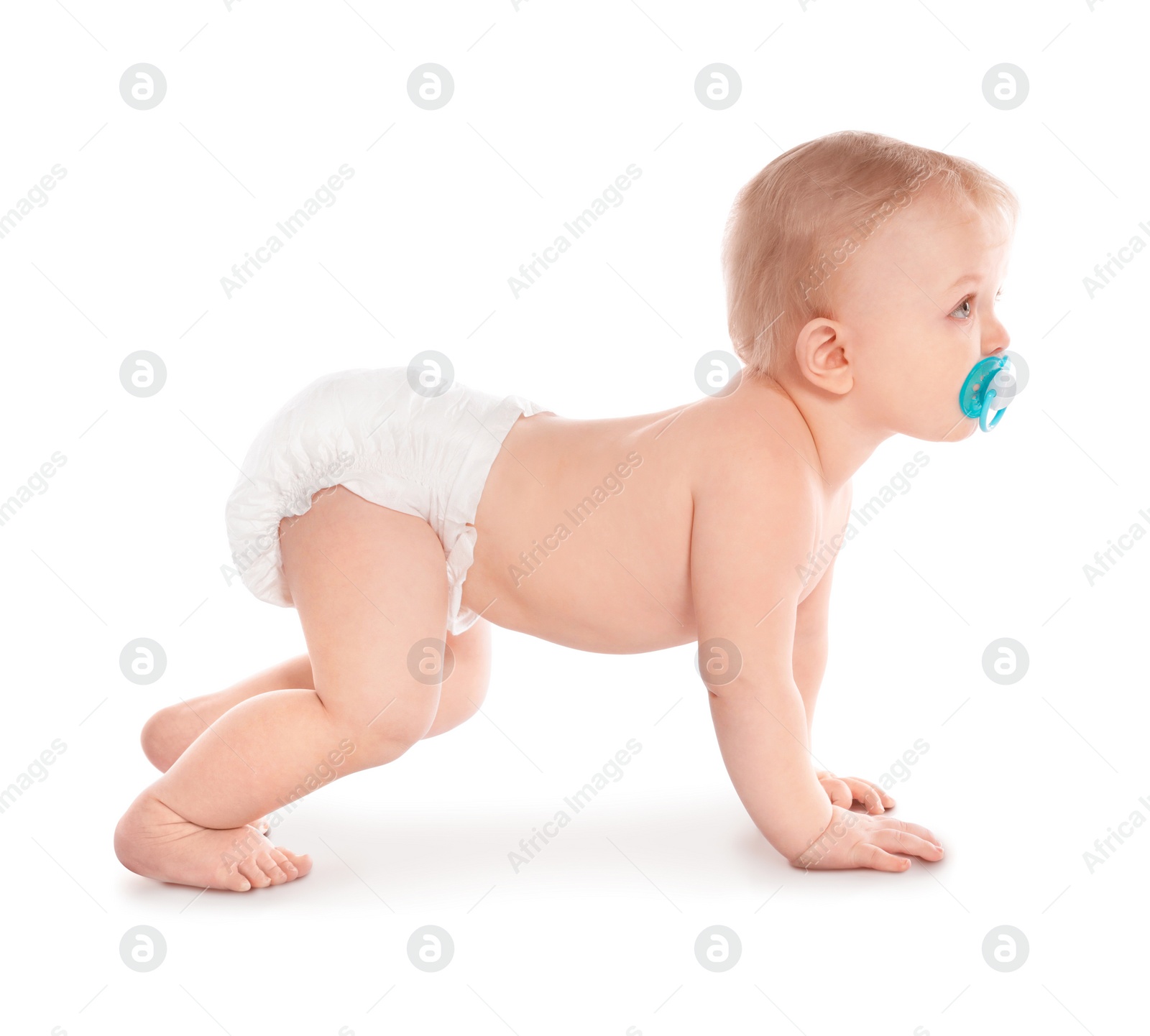 Photo of Cute little baby crawling on white background