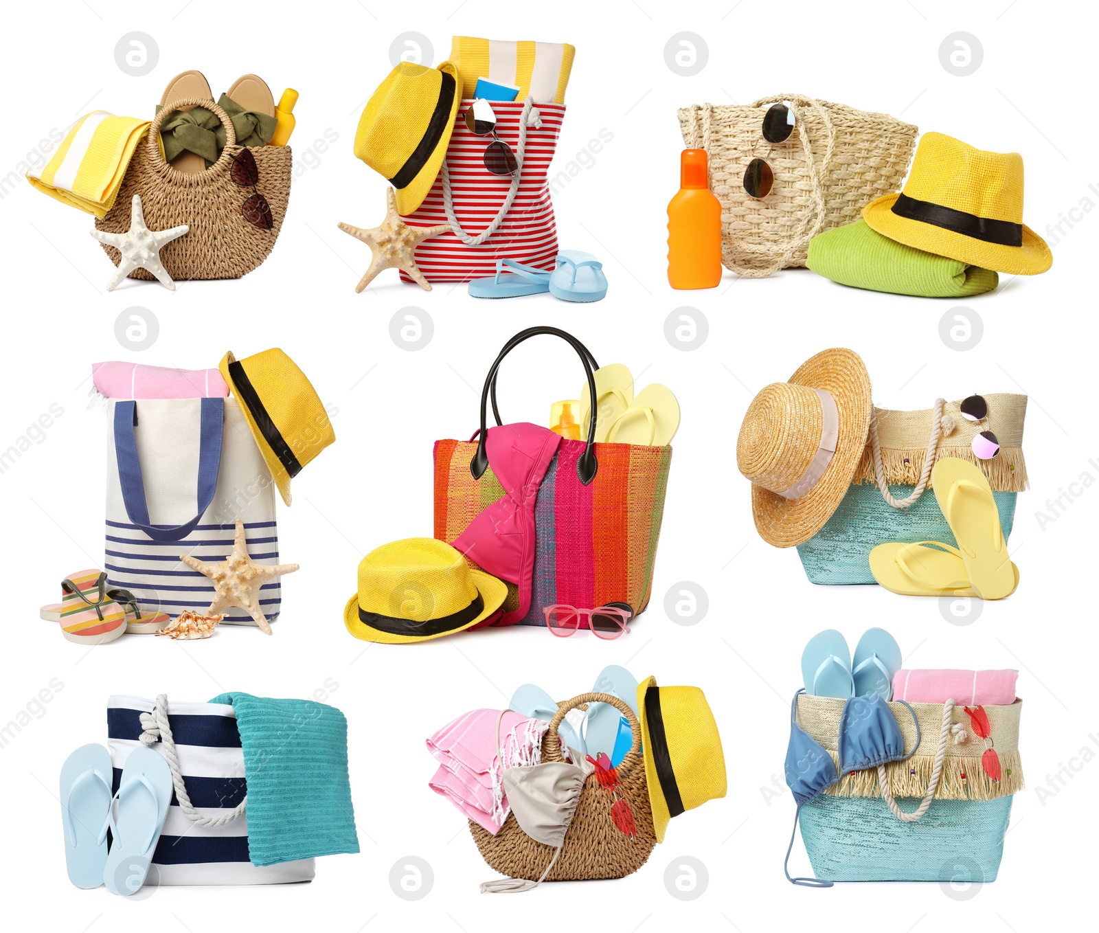 Image of Set with different stylish bags and beach accessories on white background