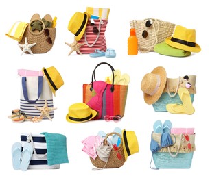 Set with different stylish bags and beach accessories on white background