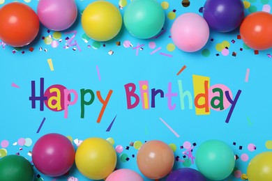 Image of Happy Birthday! Many balloons and confetti on light blue background, flat lay  