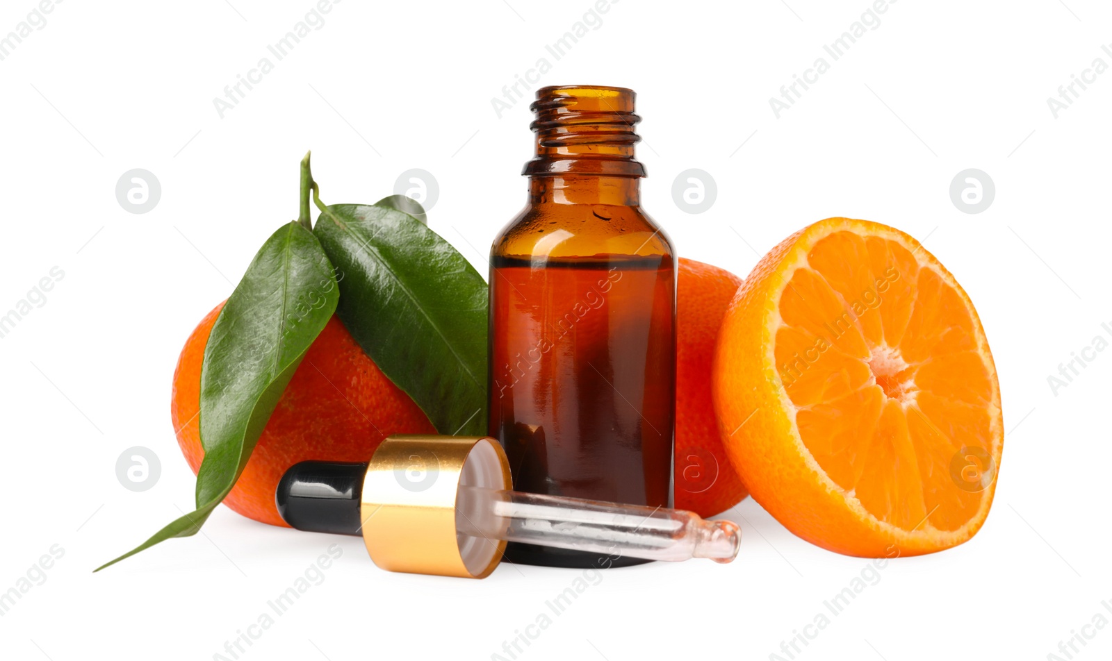 Photo of Aromatic tangerine essential oil in bottle, pipette and citrus fruits isolated on white