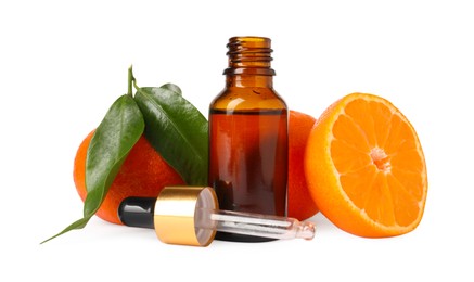 Photo of Aromatic tangerine essential oil in bottle, pipette and citrus fruits isolated on white