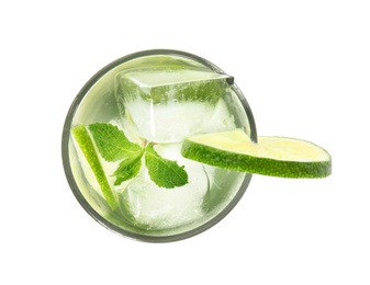 Photo of Delicious mojito isolated on white, top view