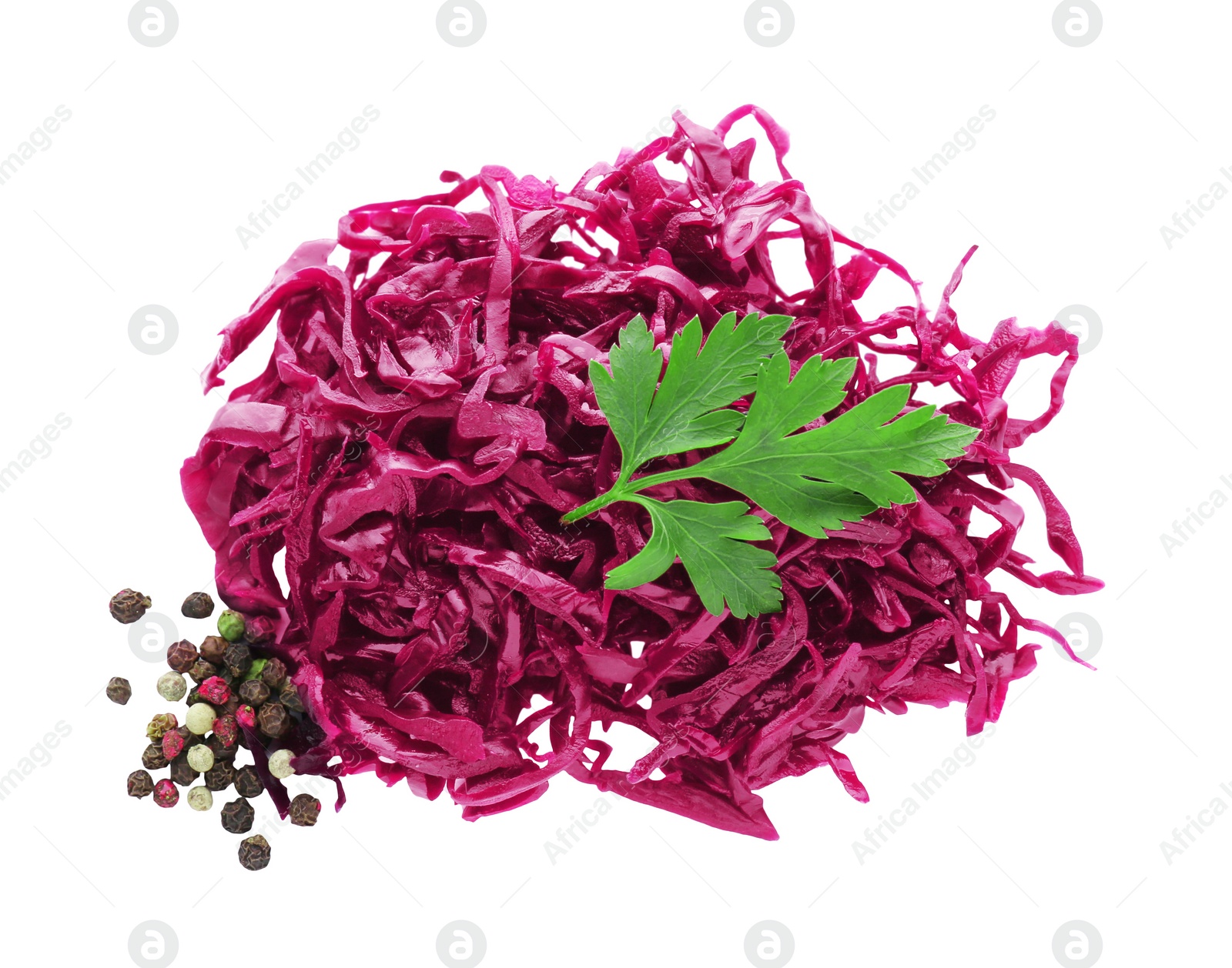 Photo of Tasty red cabbage sauerkraut, spices and parsley isolated on white, top view