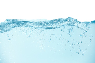 Photo of Splash of pure water on white background, closeup