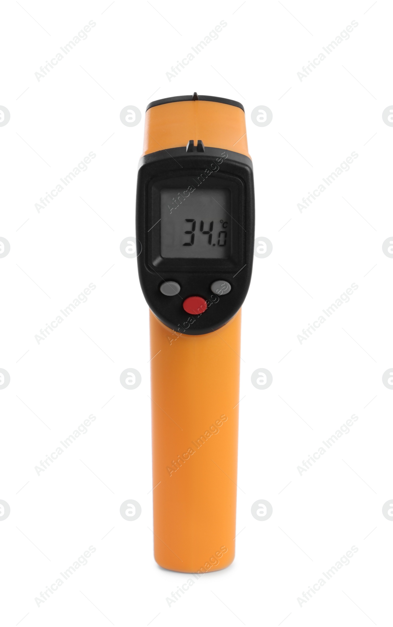 Photo of Infrared thermometer isolated on white. Checking temperature during Covid-19 pandemic